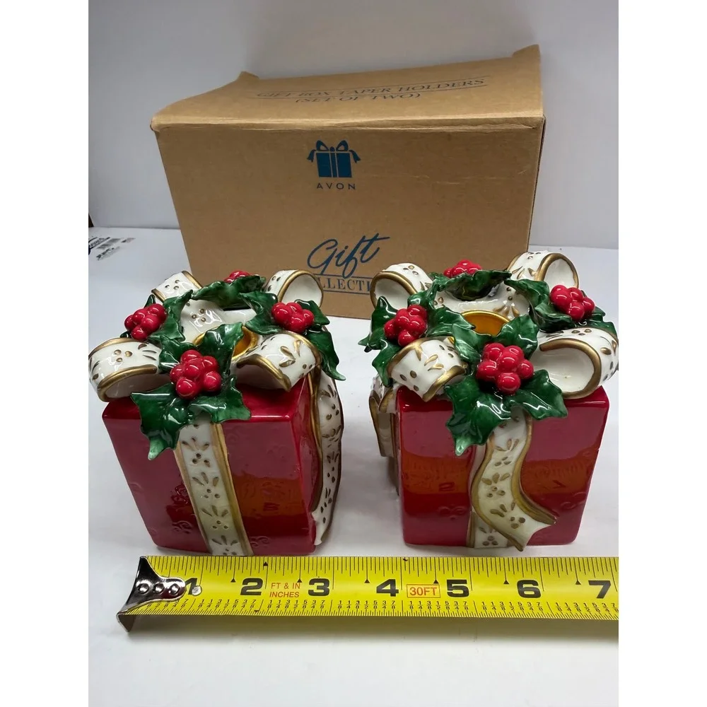 Avon Gift Collection Christmas Gift Box Taper Candle Holders Set of 2 Red Holly